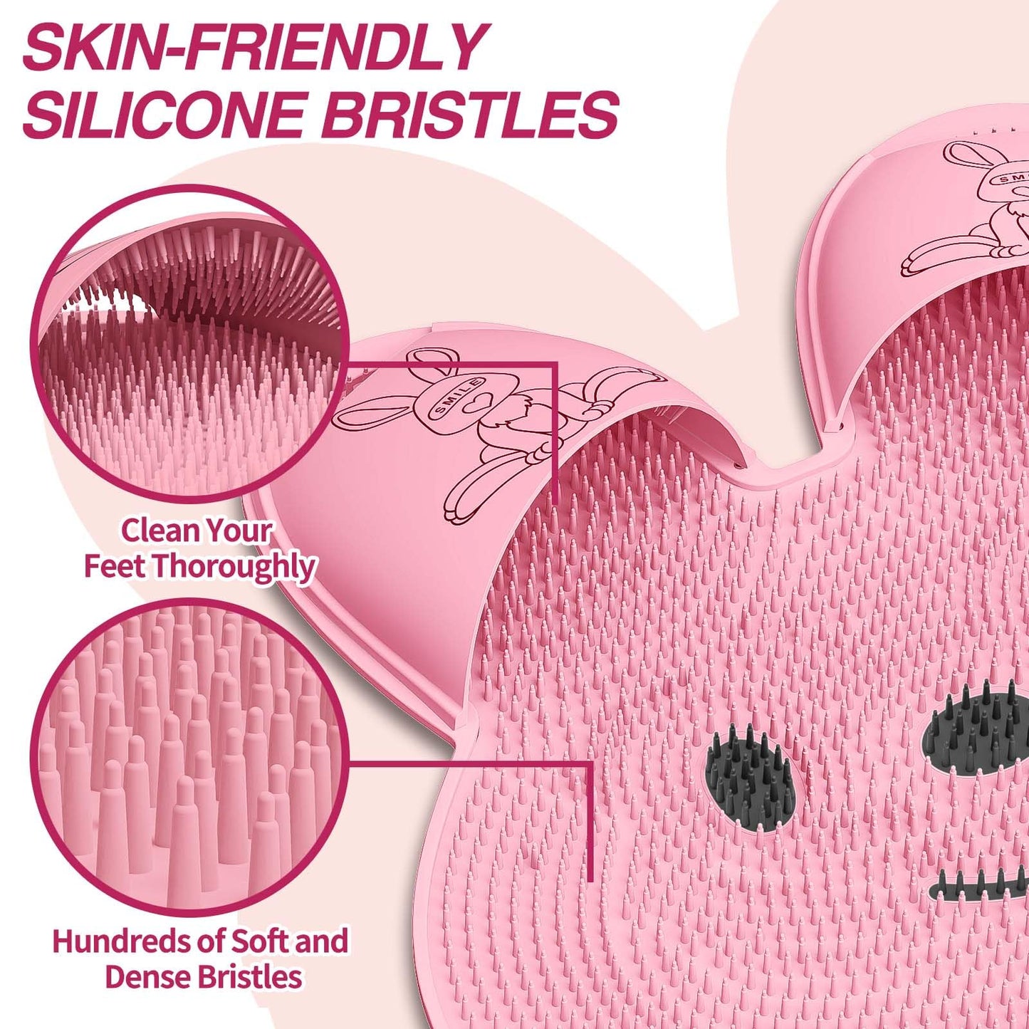 Manmihealth Rabbit-Shaped Silicone Foot Brush Mat for Shower with Non-Slip Suction Cups, Silicone Back Scrubber with Long-Handle, Shower Face Body Scrubber, Scalp Massager, Bath Sponge Net Set (Pink)
