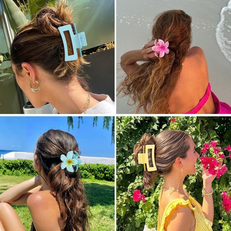 Flower Hair Clips - Square Claw Clips for Thick or Thin Hair | 6 PCS Hawaiian Hibiscus & Plumeria Set (Pink)