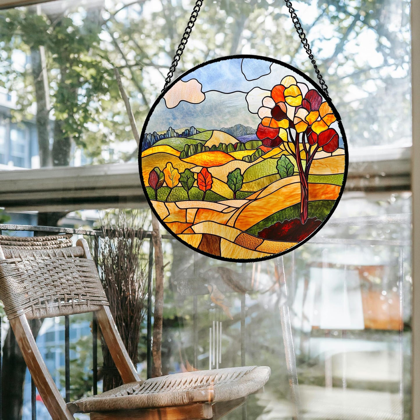 QZQCBLC Stained Glass Window Hanging Orange Mountains Trees Farm Landscape 6.3" - Suncatcher Door Garden Sun Catcher Home Decor Birthday Christmas for Mom Men Woman Friend