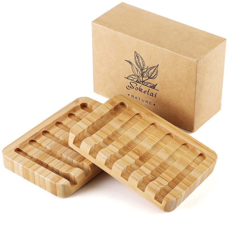 Shampoo Bar Holder Bamboo Soap Dish for Shower Wood Soap Dishes Wooden Soap Saver Tray Stand Self Draining Travel Soap Container Case for Bathroom Kitchen Bath Tub Razor Sponges, Waterfall Drain 2 PCS