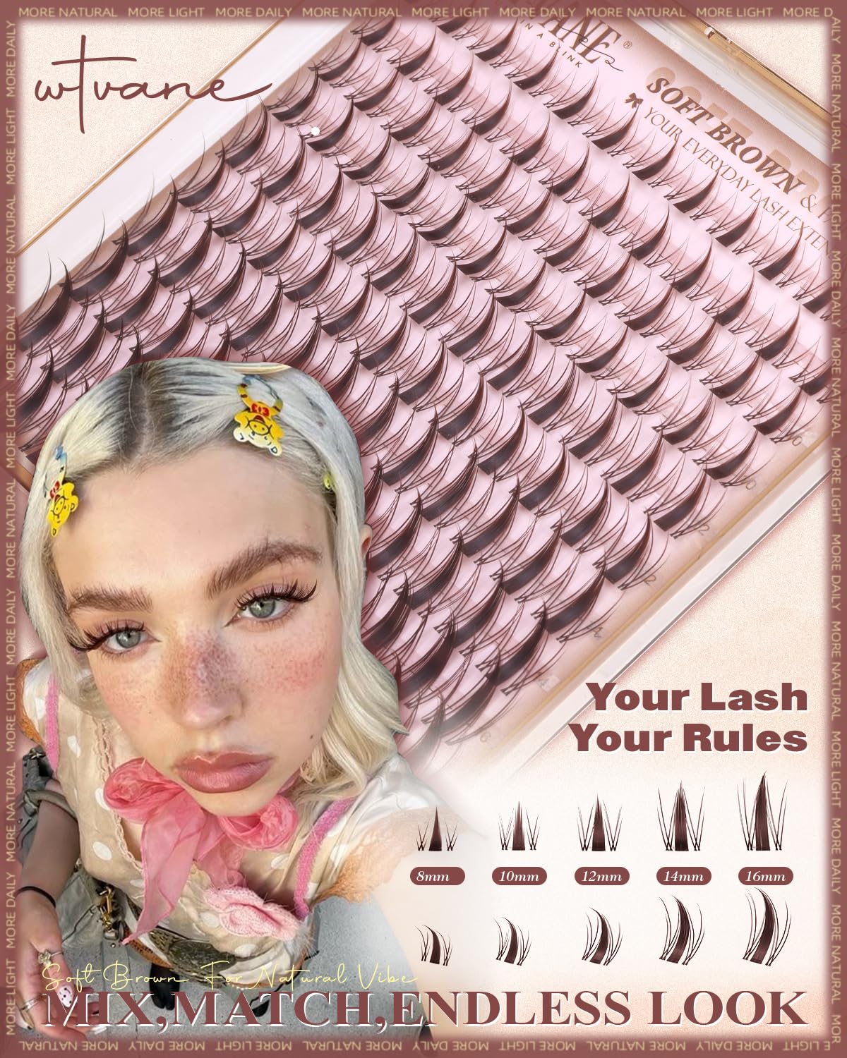 WTVANE Brown Lash Clusters Manga Eyelash Clusters Natural Lash Extensions 8-16mm Wispy Lash Clusters with Spikes Clear Band Individual Lashes Dark Brown Cluster Eyelash Extensions Anime Look