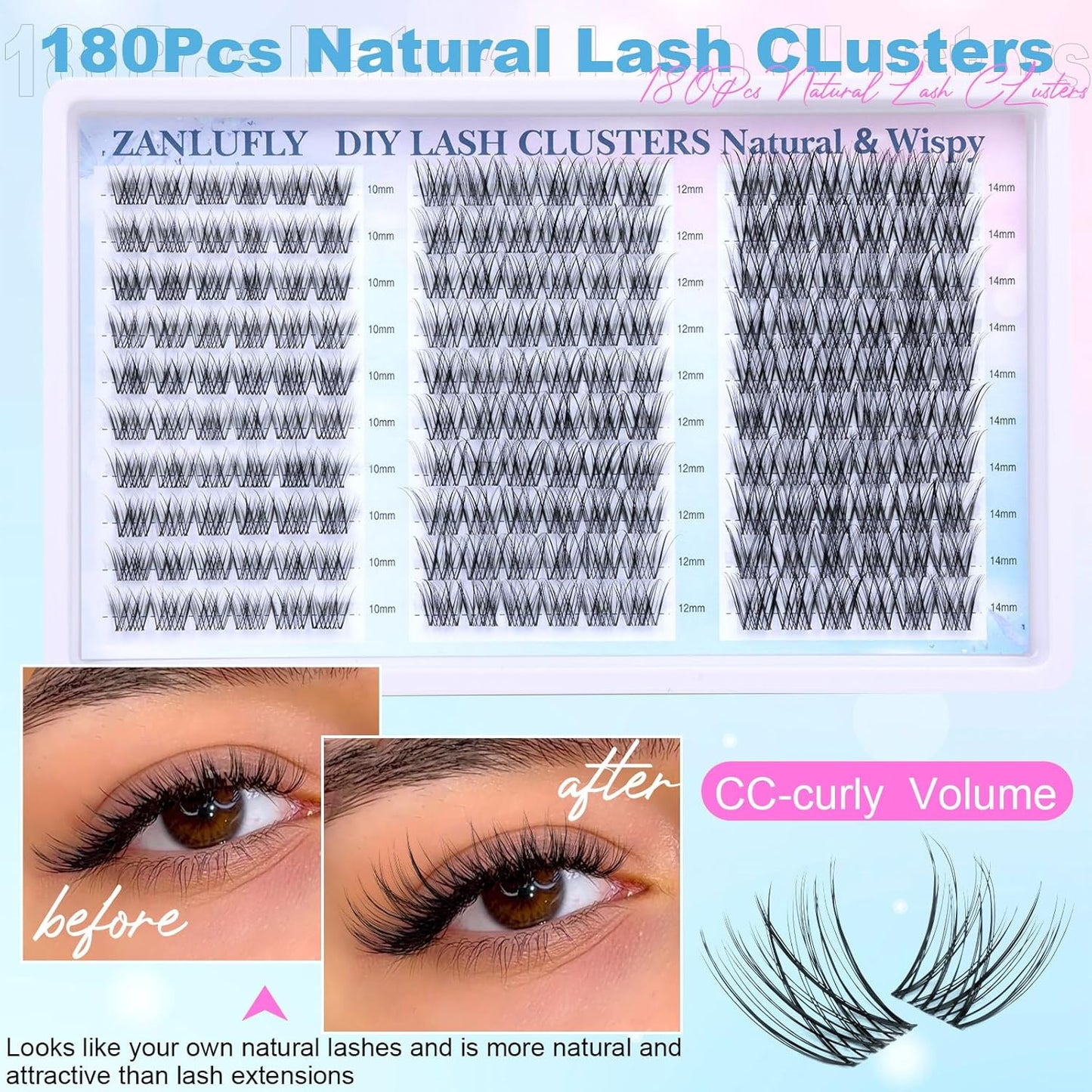 Zanlufly Wispy Eyelash Clusters - Natural CC-Curly Individual Lashes | 180 Pcs, 10-14MM DIY Extensions