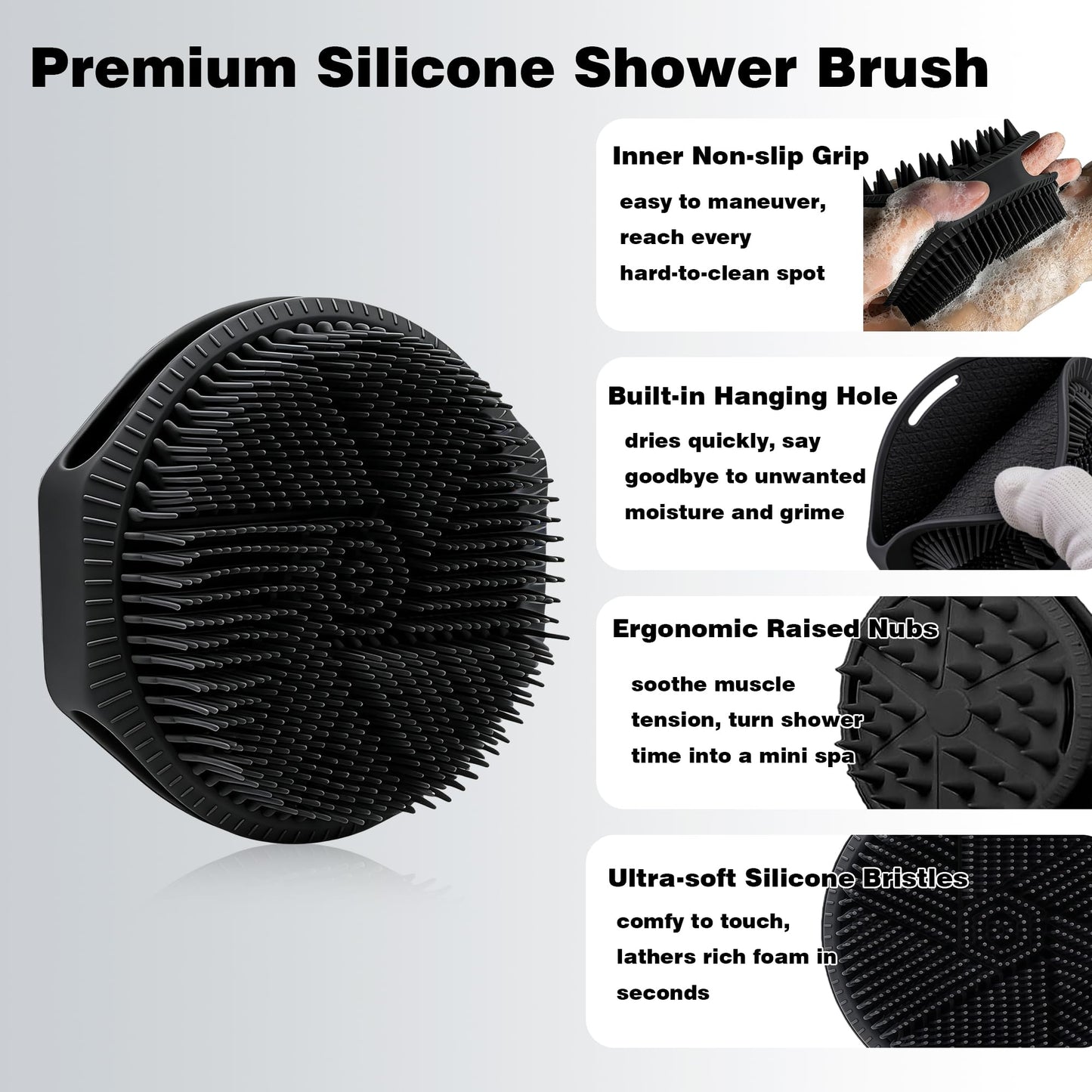 PeaKalo Silicone Body Scrubber for Men Women, Dual-Sided Bath Brushes Gentle Exfoliating Body Scrubber Scalp Massager for Deep Cleansing, Soft Silicone Loofah Body Washing Brushes (Black)