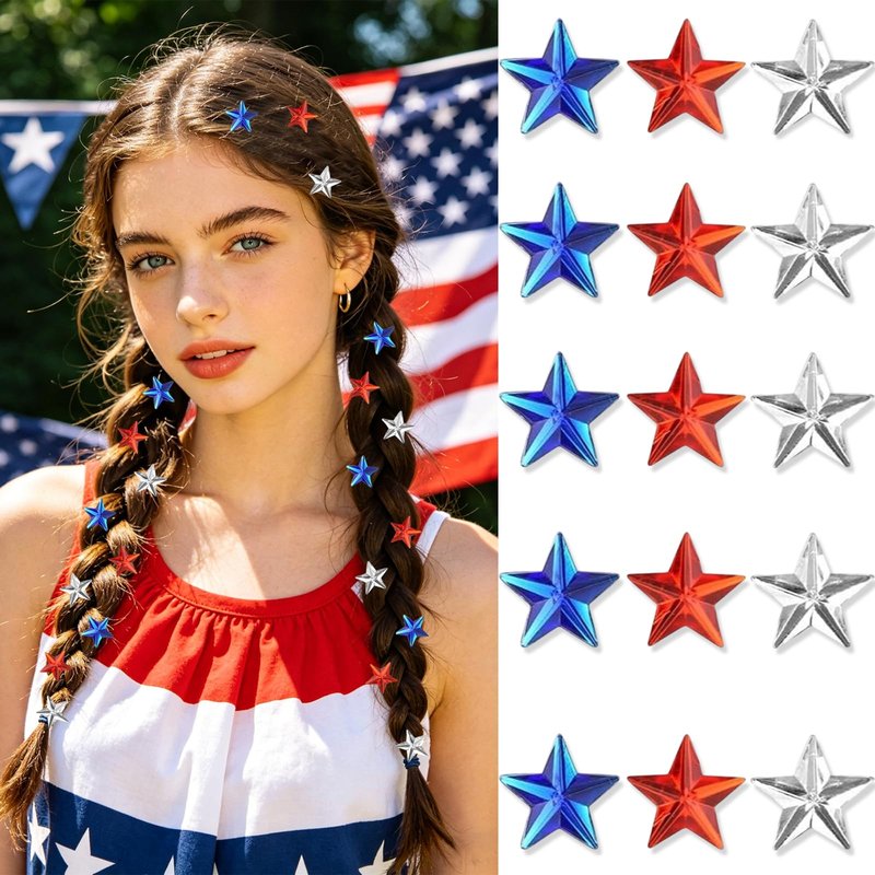 Red White Blue Mini Star Hair Clips 15 Pcs Patriotic 4th of July Hair Accessories for Women Y2K Acrylic Snap Hair Barrettes for Braids Dreadlocks, Independence Day USA Flag Hair Pins for Party Decor
