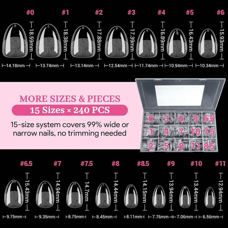 Skiennix Extra Short Almond Fake Nail Tips - 240 PCS Clear Half Matte Press-On Extensions | 15 Sizes for DIY Nail Art
