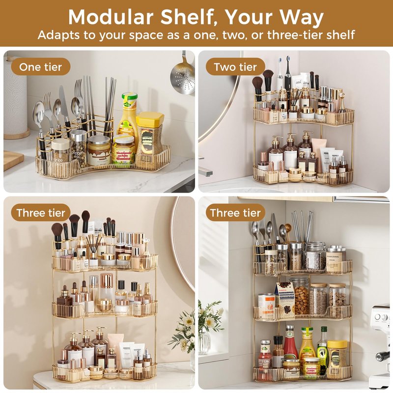 BEFSOP Corner Bathroom Counter Organizer, Upgraded 2-Tier Makeup Organizer Countertop with Makeup Brush Holder, Skincare Exquisite Vanity Organizers Countertop Bathroom Storage Dresser(GOLD)
