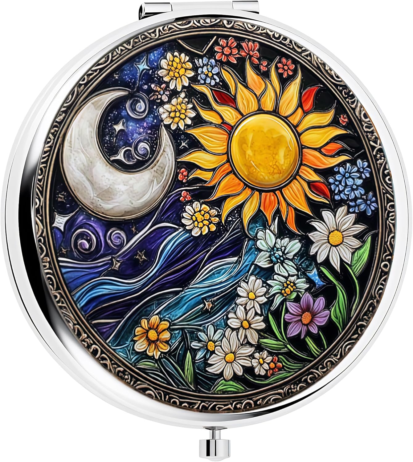 Skiennix Silver Compact Mirror - Double-Sided Folding Makeup Mirror with Floral Design | 2.8x2.8 Inch