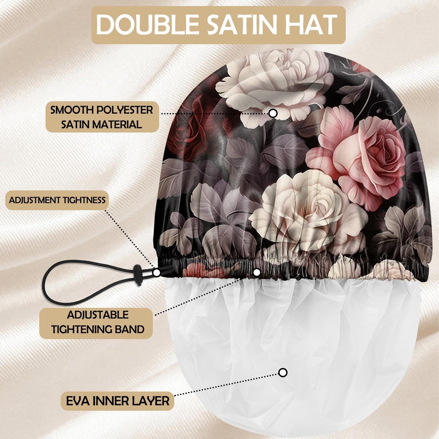 Zewurtuw Shower Cap Adjustable Waterproof Double Layer Elastic Reusable Hair Bath Cap Cute Aesthetic for Women Girls-Rose