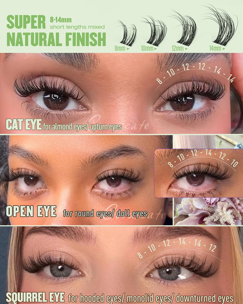CORUSCATE Lash Clusters Wispy Eyelash Clusters Natural Spider Lashes Cluster with Spikes Kim&Kylie Individual Lashes Short 8-14mm Cluster Eyelash Extensions Clear Band Lash Extension