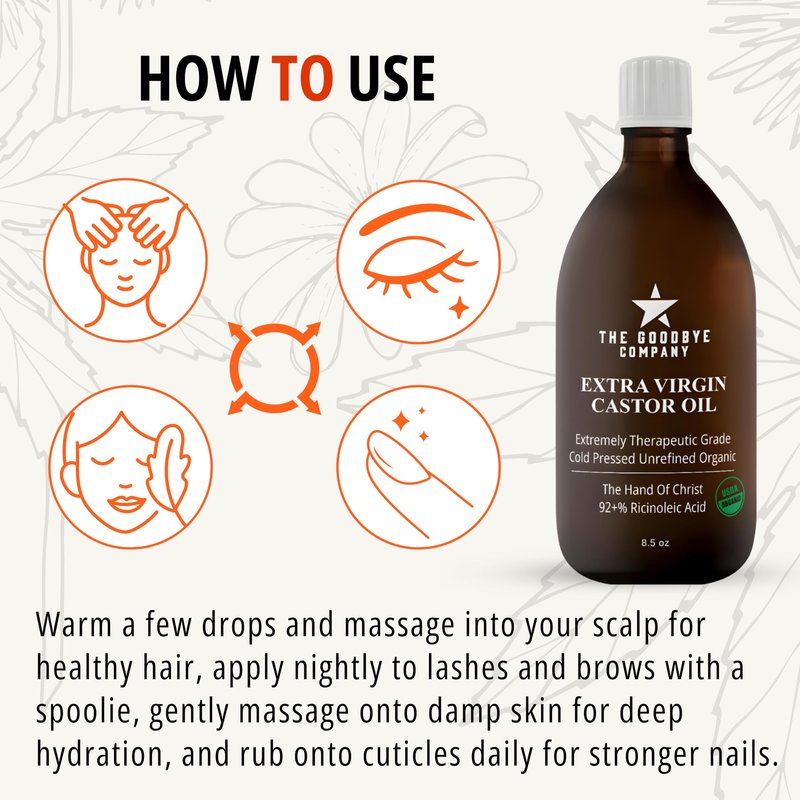 Goodbye Company USDA Organic Food Grade Cold-Pressed Castor Oil - 8.5 oz Glass Bottle, Hexane-Free, Extra Virgin, Small Batch Family Farm Ethically Sourced for Hair Growth, Digestion, Lashes, Brows