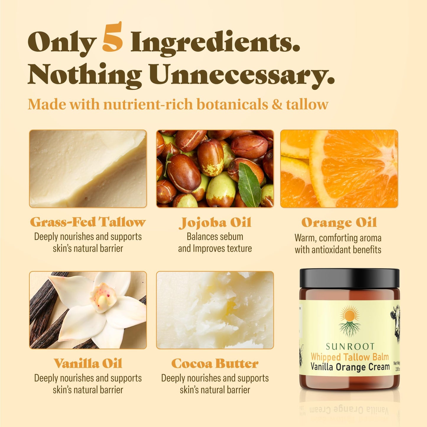 Sunroot Naturals Whipped Tallow Balm, Vanilla Orange Cream Moisturizer, Natural Ingredients, 4oz Glass Jar, Face and Body Care