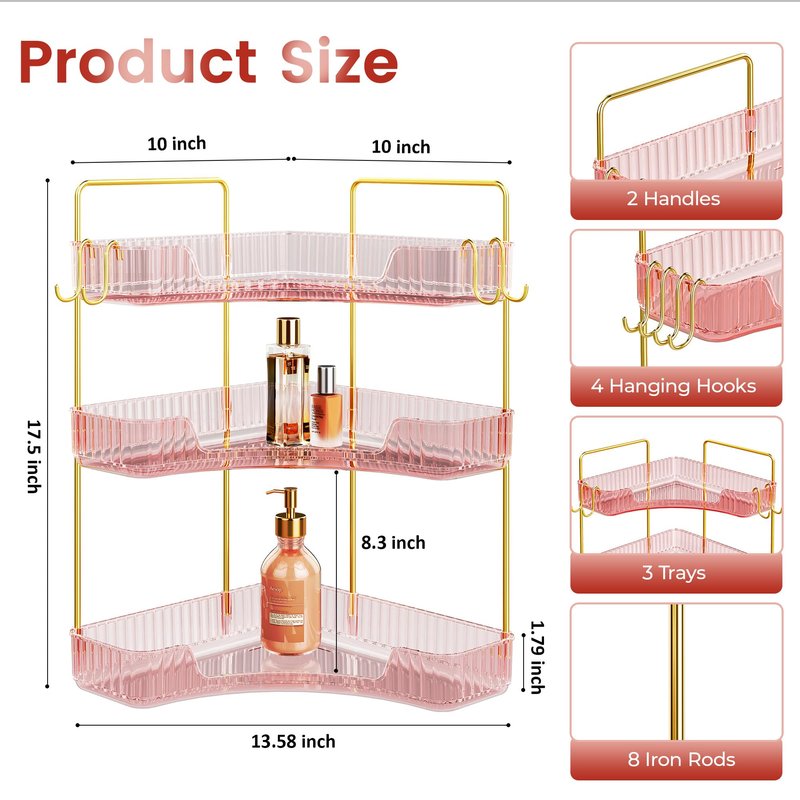 Kinkota Corner Bathroom Counter Organizer 3-Tier Bathroom Organizer Countertop with Hooks Perfume Organizers Storage Shelf for Makeup & Skincare Dresser-Pink