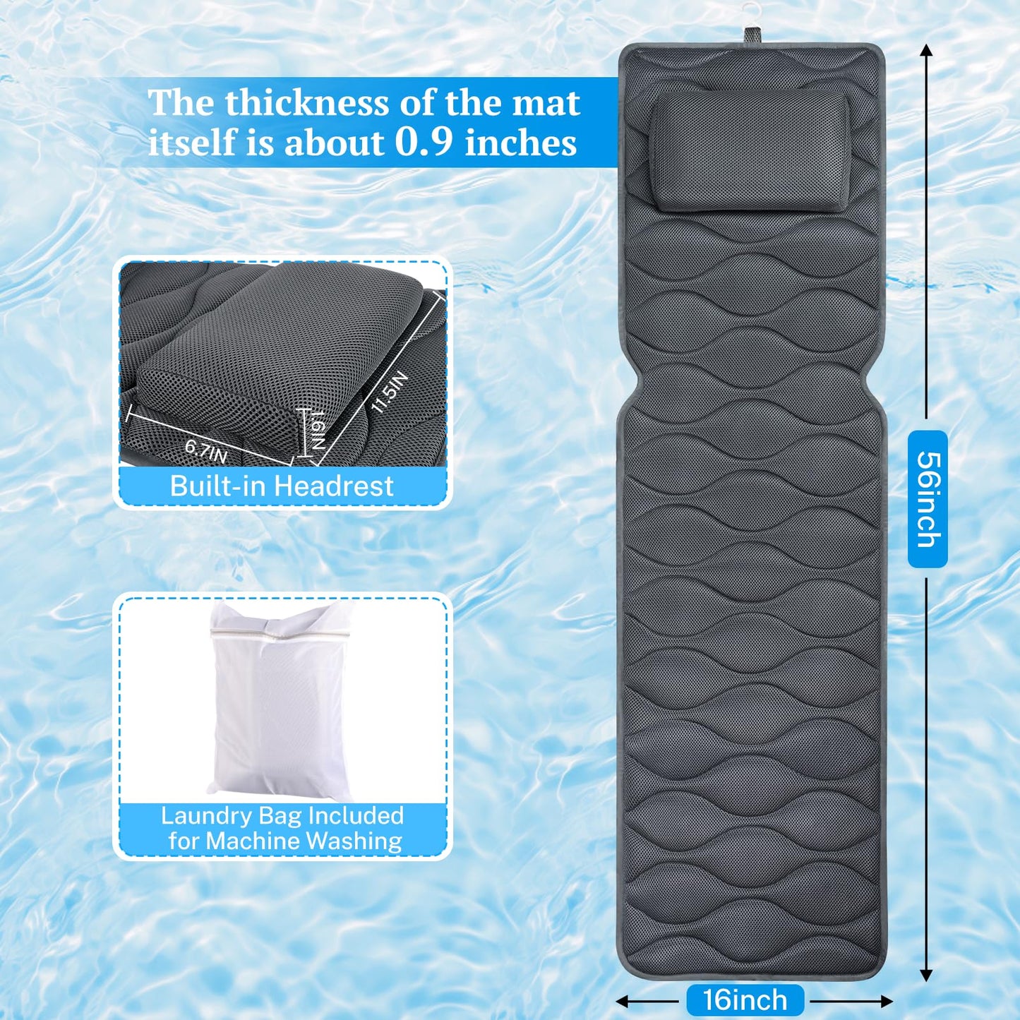 TranquilRelax Bath Pillow for Tub with Laundry Bag & 17 Non-Slip Suction Cups, Extra Thick and Soft Bathtub Pillow for Head, Neck & Shoulder Support, 51" x 16" Grey