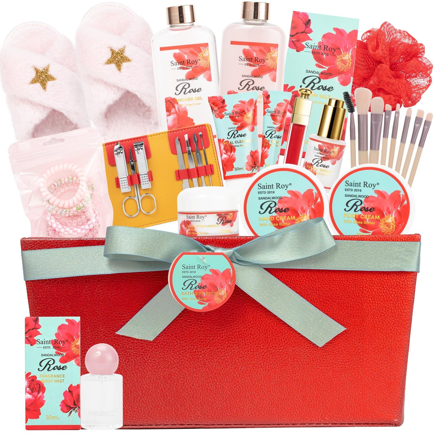 39 Pcs Sandalwood Rose Spa Gift Set, bath kit Bath and Body Spa Gift Basket for Women Necklace, Face Skin Care Kit, Self-Care Set, Lip Gloss, Birthday, Christmas, Mother, Bridal Shower, Anniversary