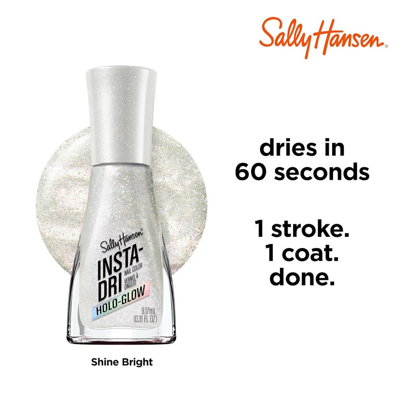 Sally Hansen Holo-Glow Nail Polish - Quick Dry, Streak-Free Shine | 101 Shine Bright | Holographic Light Grey Color