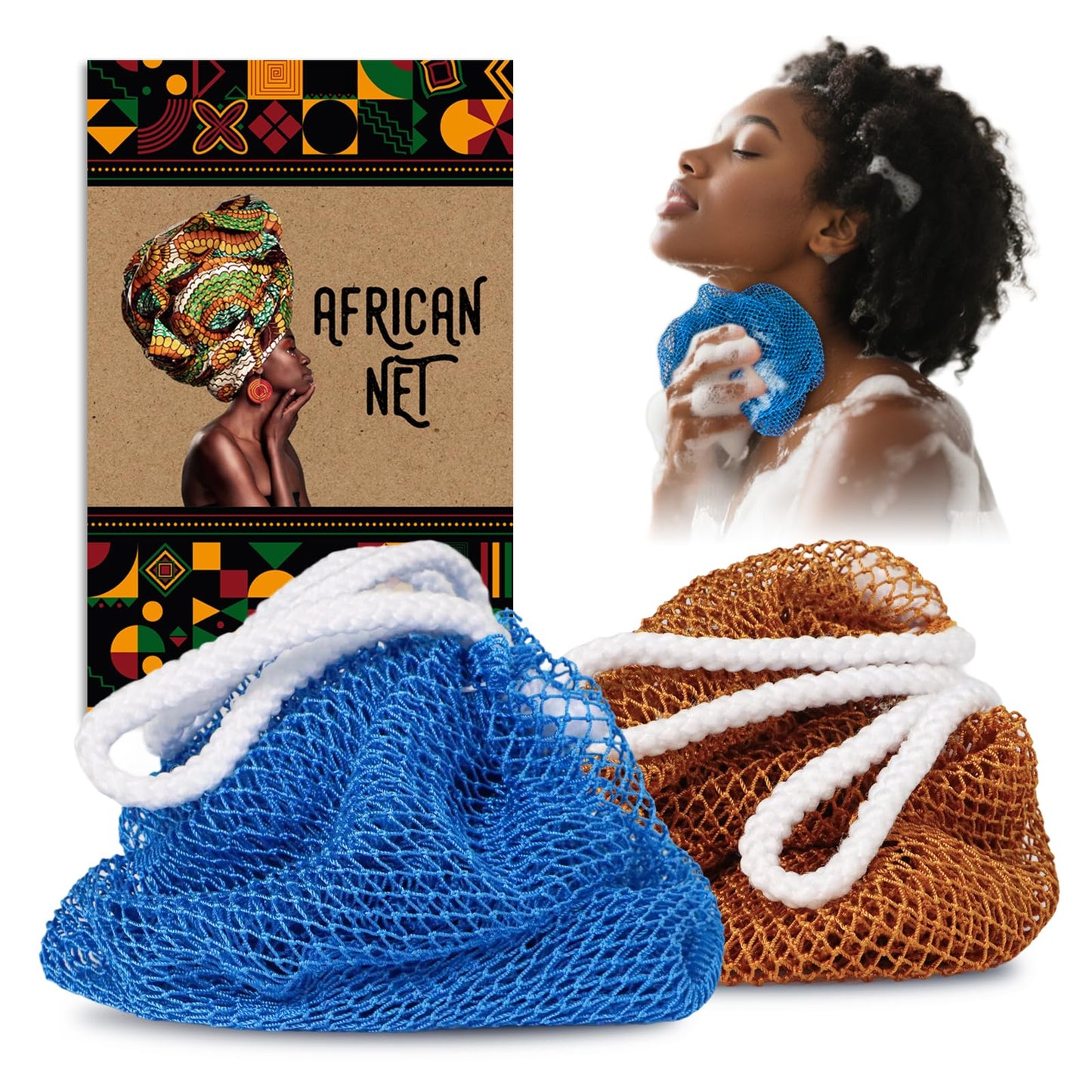 Yiclick African Net Sponge Authentic with Knots 2 Pack - Exfoliating Body Scrubber, Exfoliating Washcloth Towel, Knotted Rags Wash Cloth Loofah Sponge for Body Scrub, Back Scrubber for Shower Bath