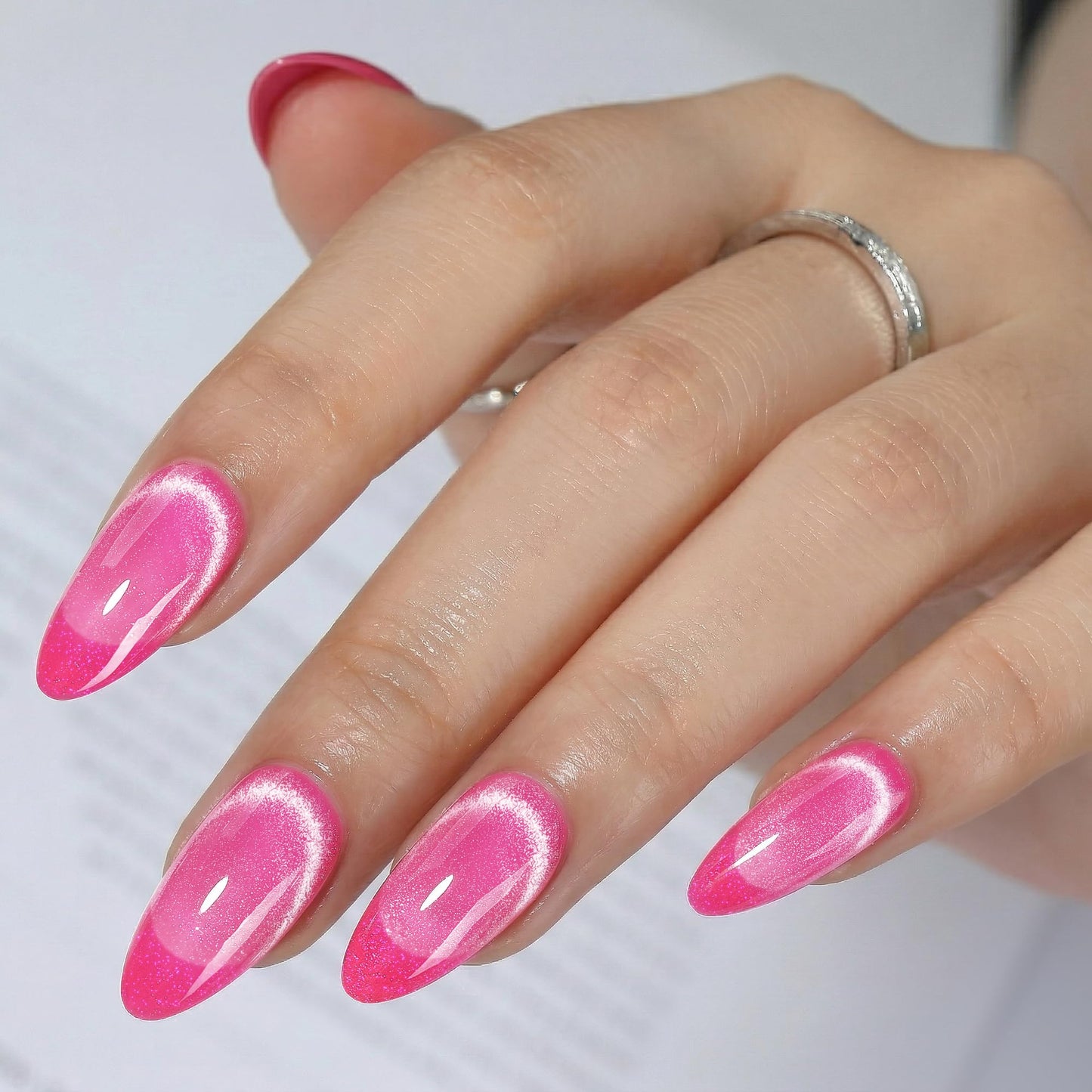 UNA GELLA Hot Pink Press on Nails Almond, Cat Eye Soft Gel Fake Nails for Women, 32 Pcs 16 Sizes Reusable Glue on Nails Kit, False Nails with Nail Glue and Adhesive Tabs