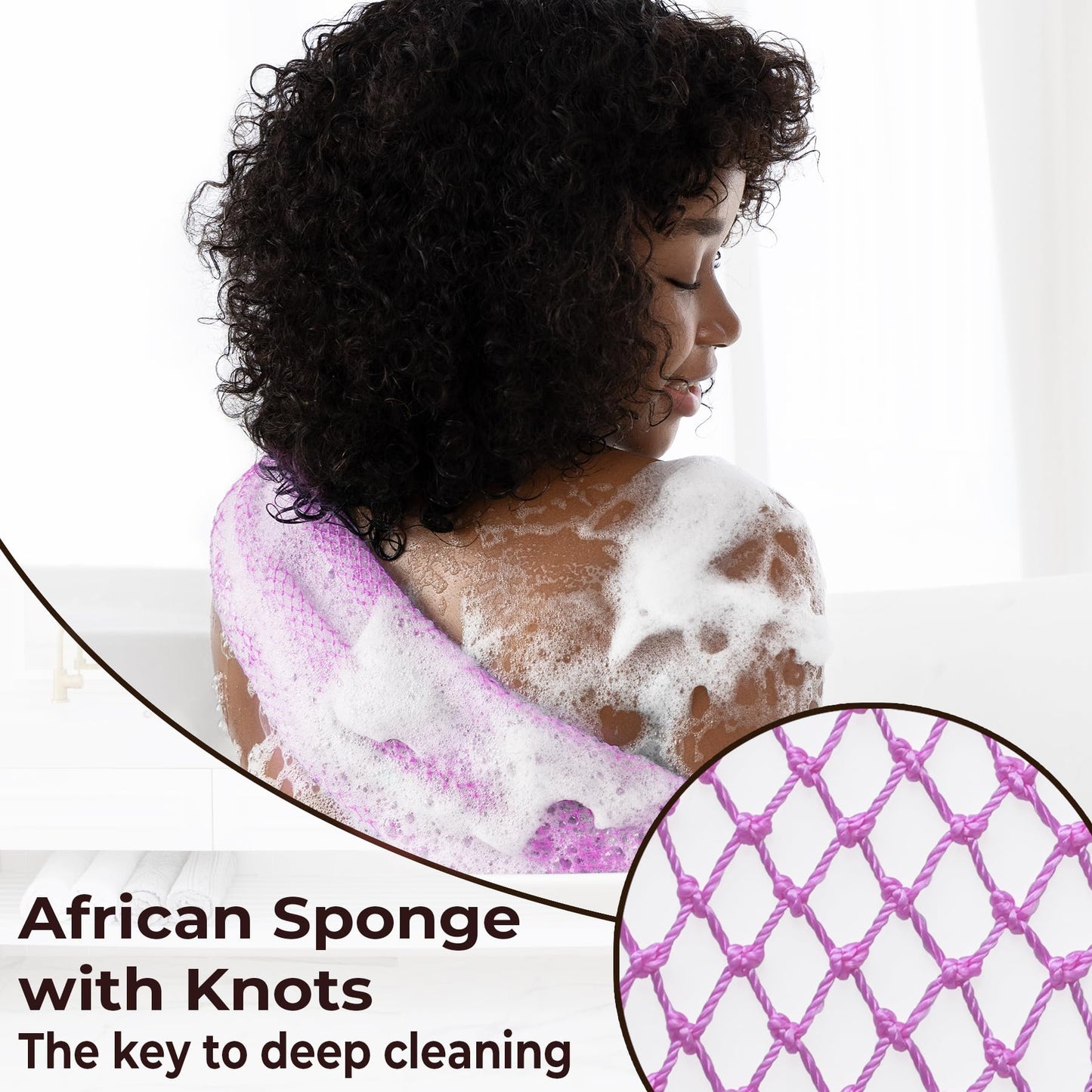 African Exfoliating Net Sponge Authentic - Real African Bath Sponge with Knots and Ropes - Back Scrubber Exfoliator Washer Cloth with Travel Bag - Body Shower Essentials for Daily Use