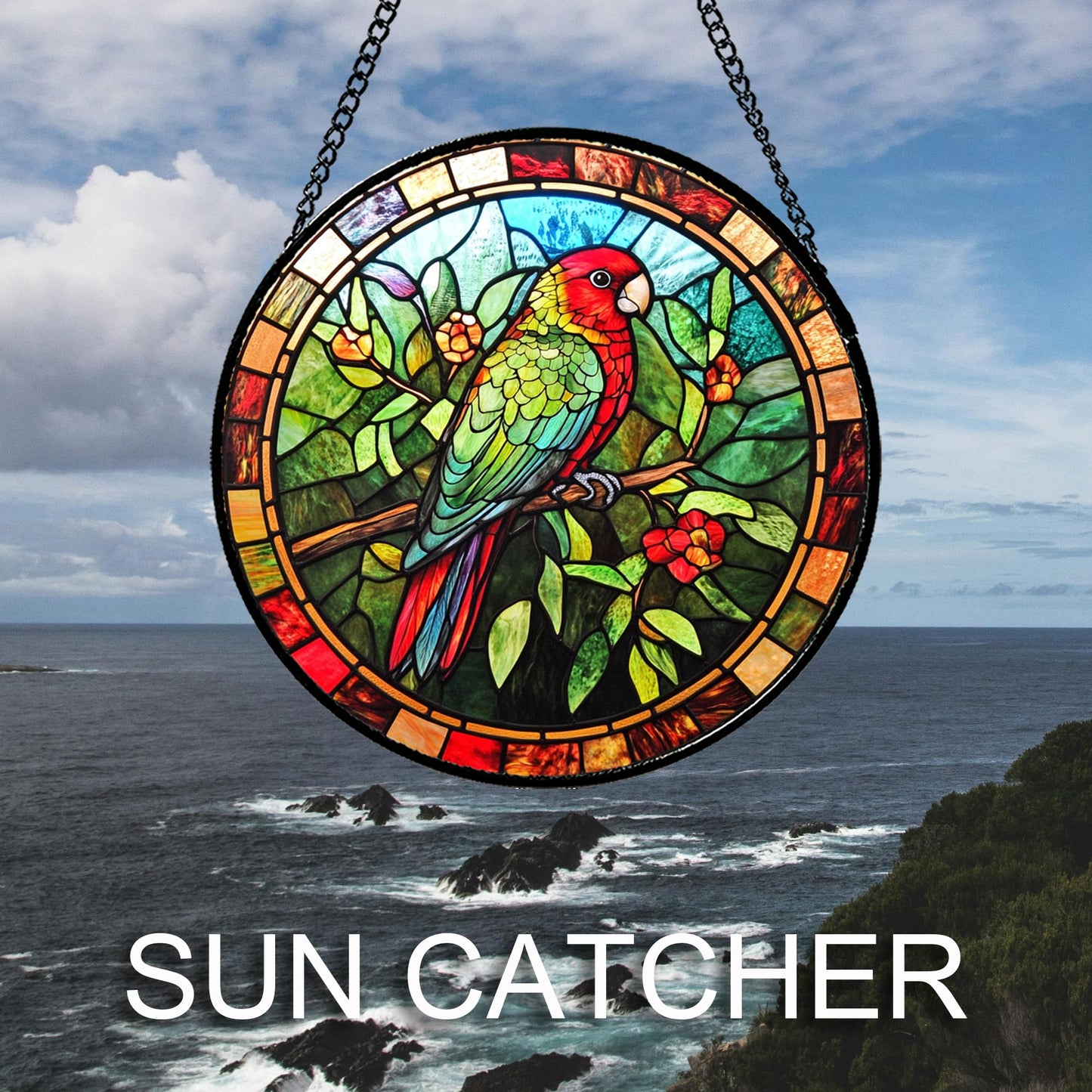 GEFOS Stained Glass Window Hanging Red Green Parrot On A Branch 6.3" - Suncatcher Door Garden Sunroom Sun Catcher Home Decor Birthday Christmas for Mom Men Woman Nana