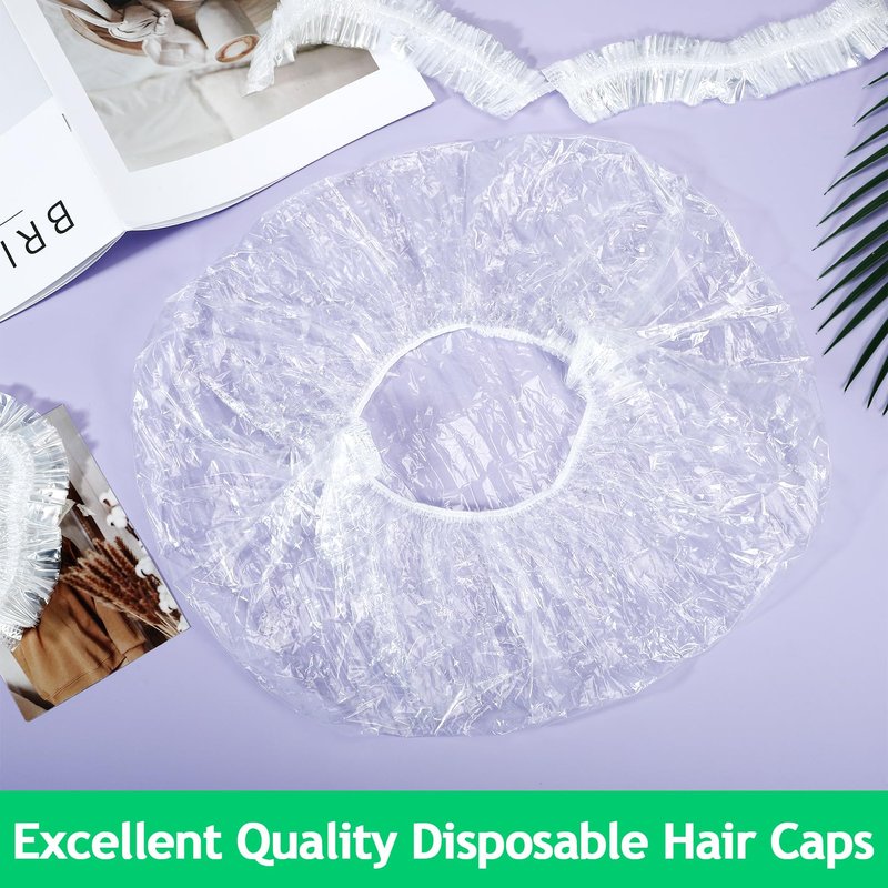 Jeffbaubl 100 PCS Disposable Shower Caps, Large Thick Plastic Hair Cap, Waterproof Shower Cap for Women, Clear Elastic Bath Caps for Home Hair Salon Hair Treatment Travel Spa Hotel