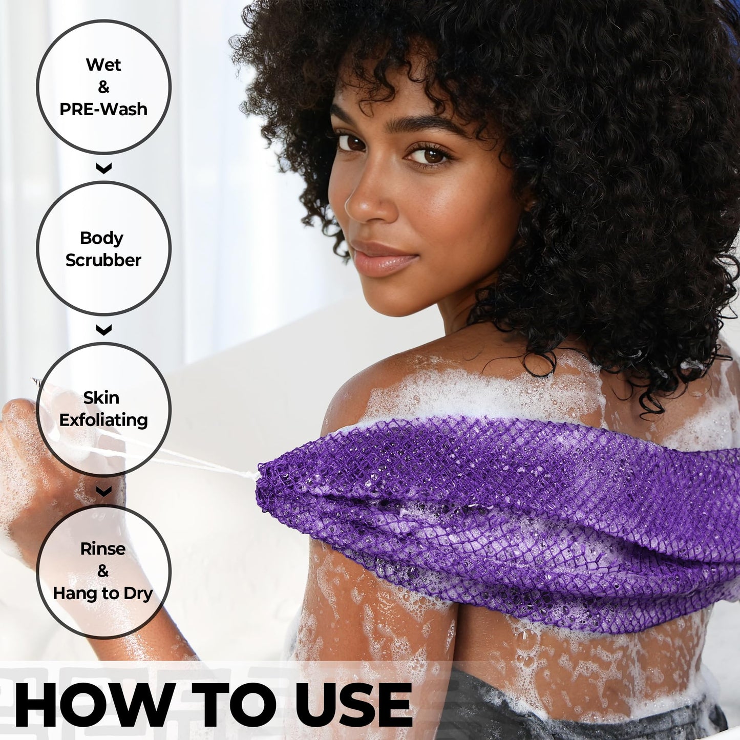 African Net Sponge Authentic - 2 Pieces Exfoliating Body Scrubber Bath Sponge - Back Scrubber Washcloth for Shower White&Purple - Real African Scrub Exfoliator Body Care Bathing Accessorie