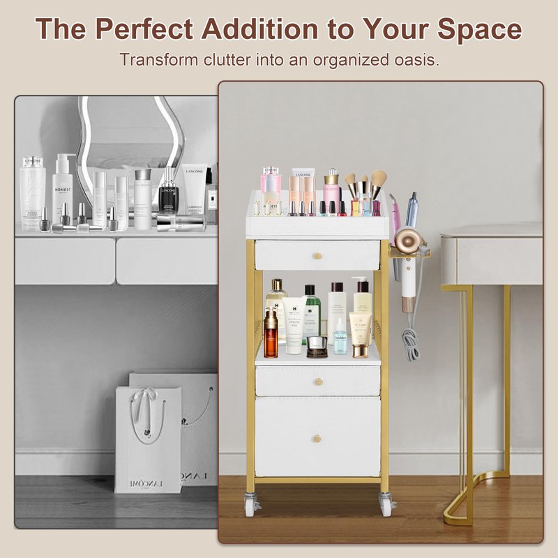 NauwaBarn Makeup Organizer Cart with 3 Drawers, Rolling Vanity Organizer with Adjustable Dividers, Detachable Hair Tool Holder, Lockable Wheels for Small Spaces, Gold & White