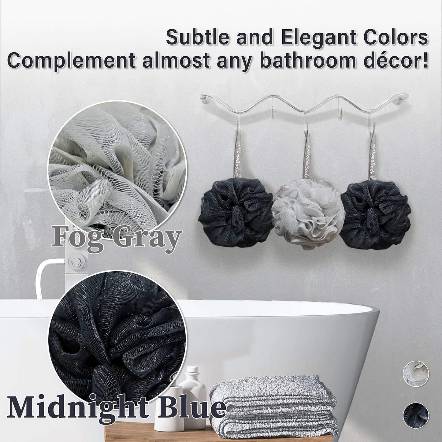 myHomeBody 60g Loofah Sponge, Body Scrubber, Bath Sponge, Loofah for Women, Men, Exfoliating Sponge Shower Pouf with Activated Charcoal – 3 Pack, 2 Midnight Blue + 1 Fog Gray