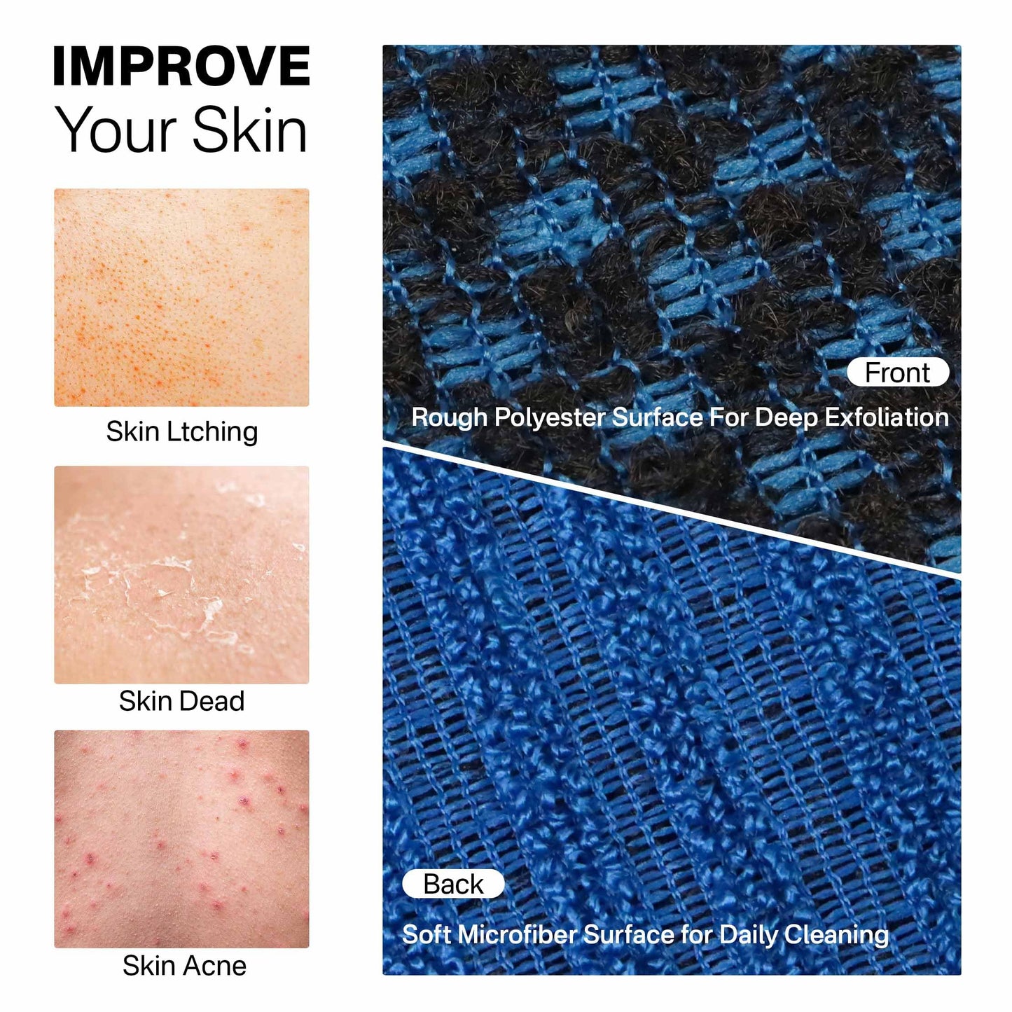 Yiclick Dual-Textured Exfoliating Washcloth Towel - Back Scrubber for Use in Shower Bath, Exfoliating Body Scrubber Exfoliator, Japanese Exfoliate Loofah Lufa Sponge Wash Cloth for Women Men
