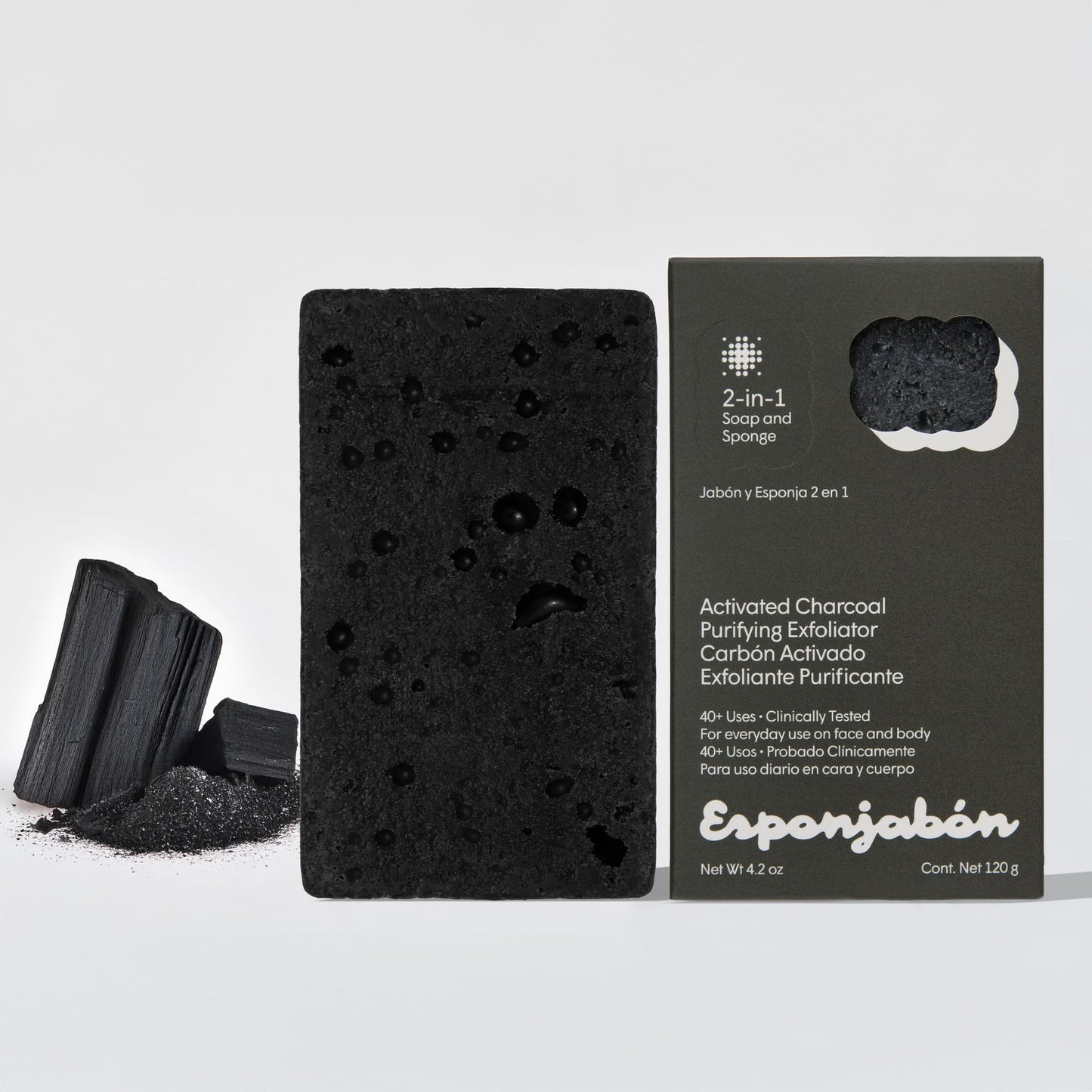 T.Taio Esponjabon Charcoal Soap Sponge - Cleansing Shower Scrubber - Cleaning Bath Wash Scrub - Oil Removal - Massage & Lather Foot, Elbow, & Face - Bathroom Accessories - Charcoal, Mini Soap Included