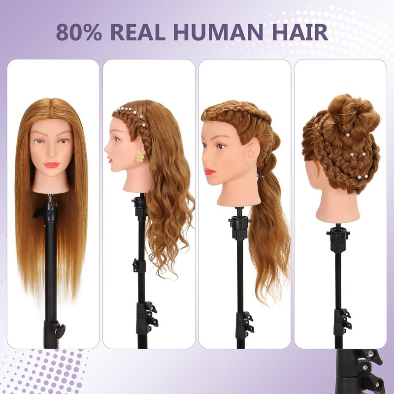 Human Hair Mannequin Head - 80% Real Hair for Cosmetology | 26-28” Blonde Styling & Braiding Head with Clamp Tools