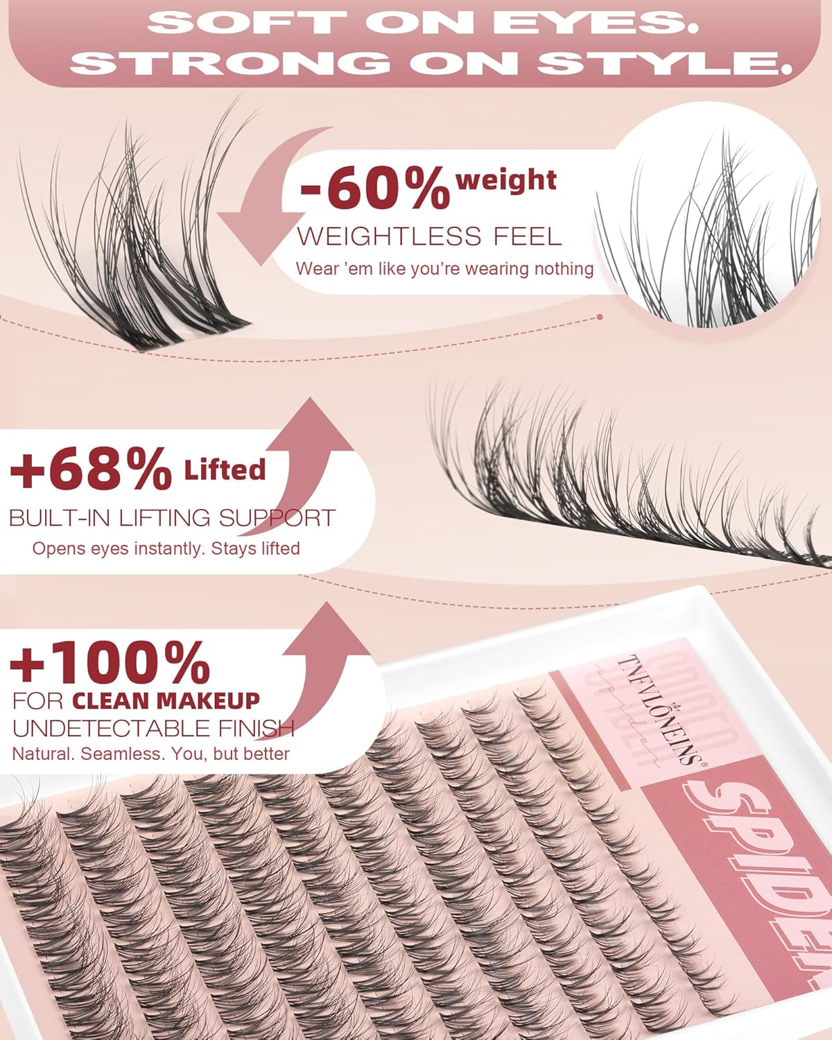 Wispy Fluffy Spider Lash Clusters - Natural Individual Eyelash Extensions | Clear Band, Easy Application