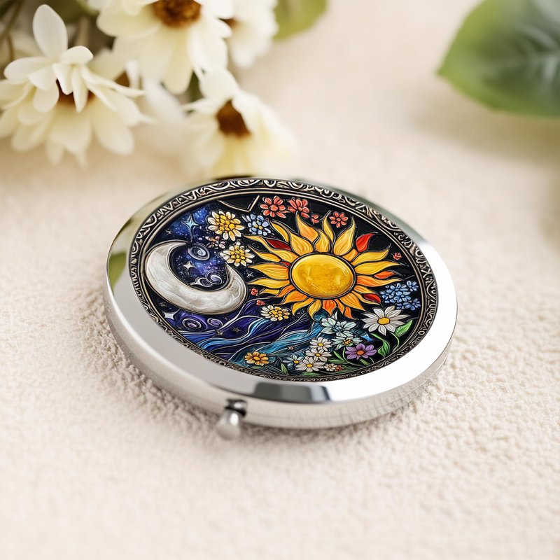 Silver Compact Mirror, 2.8x2.8inch Double-Sided Folding Makeup Mirror with Pink Butterfly White Flower Design, Ideal Gift for Women