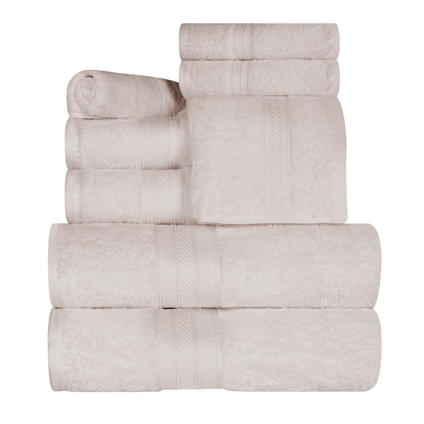 Superior Long Staple 100% Combed Cotton 700GSM 8-Piece Solid Towel Set for Bathroom, Shower, Kitchen-Super Soft, Plush, Assorted 8-Piece Towels, 4 Face/Washcloths, 2 Hand Towels, 2 Bath Towels, Ivory
