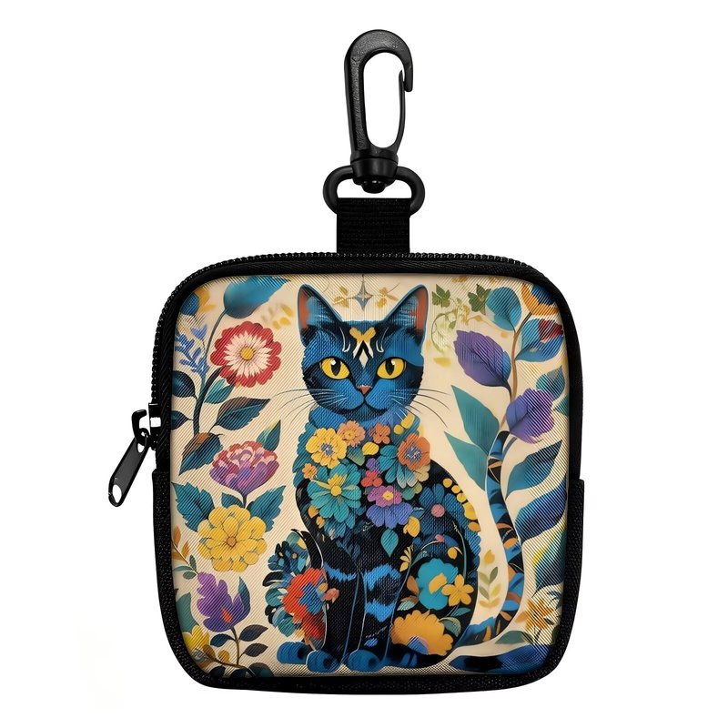 Floral Black Cat Hanging Zero-Hands-Free Waist/Belt/Bag Clip Organizer for Snacks,Earphones,Keys & Daily Essentials|Gifts for Cat Lovers（AB-002）