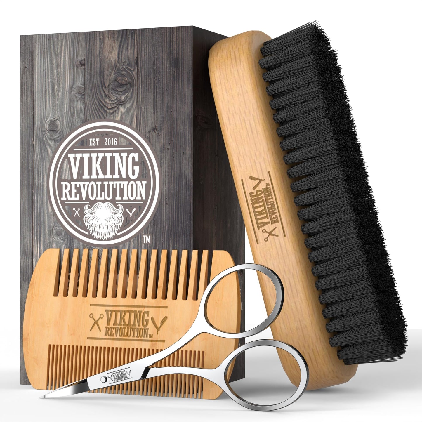 Viking Revolution Beard Comb & Beard Brush Set for Men -- Natural Boar Bristle Brush and Dual Action Pear Wood Comb w/Velvet Travel Pouch - Great for Grooming Beards and Mustaches