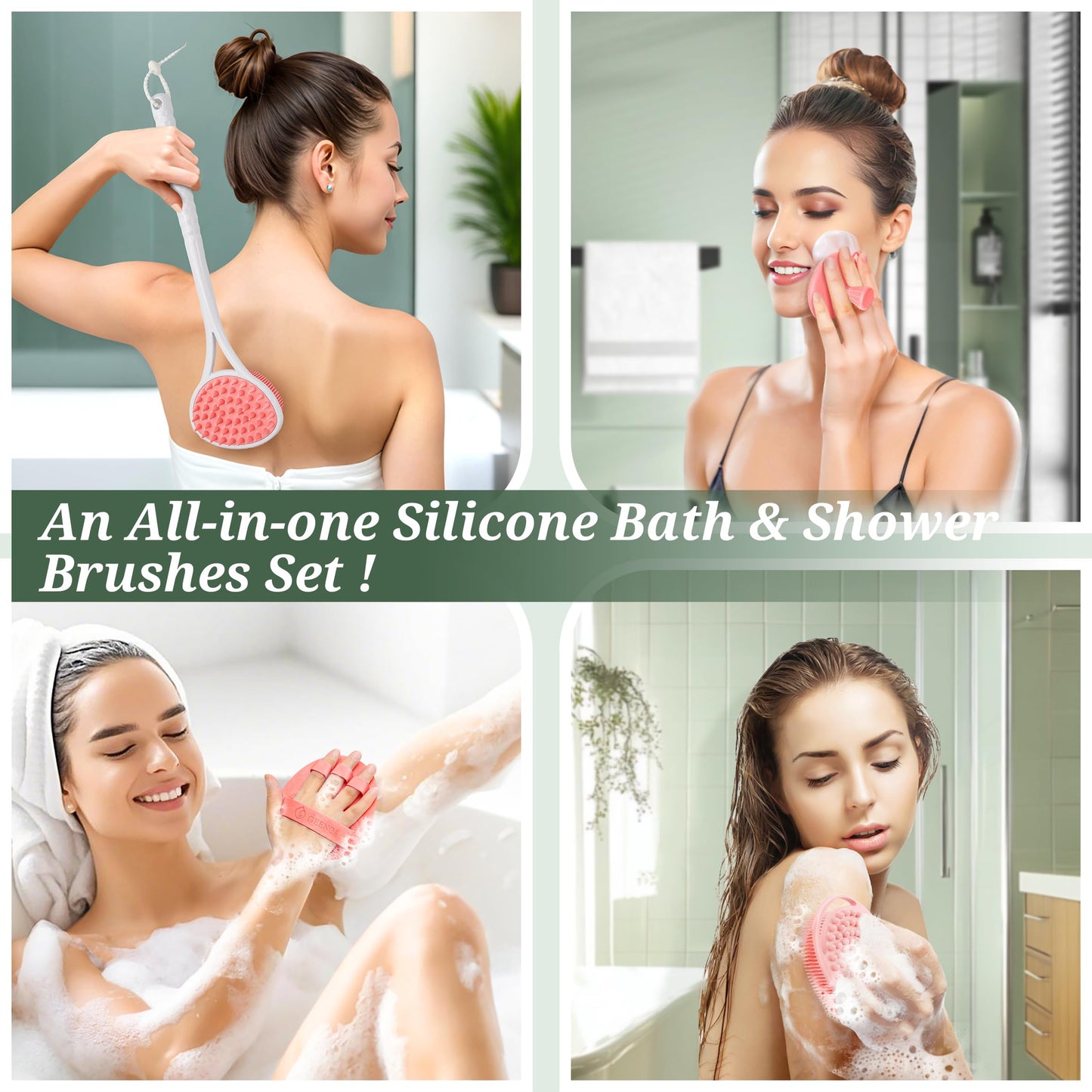GEENOA Silicone Back Body Face Scrubbers Set 4PCS, 15.35’’ Back Scrubber Soft Body Scrubber for Dual-Side Usage, Easy-to-Hold Soft Bath Glove & Face Scrubber for Good Foaming Deep Cleaning(Pink)