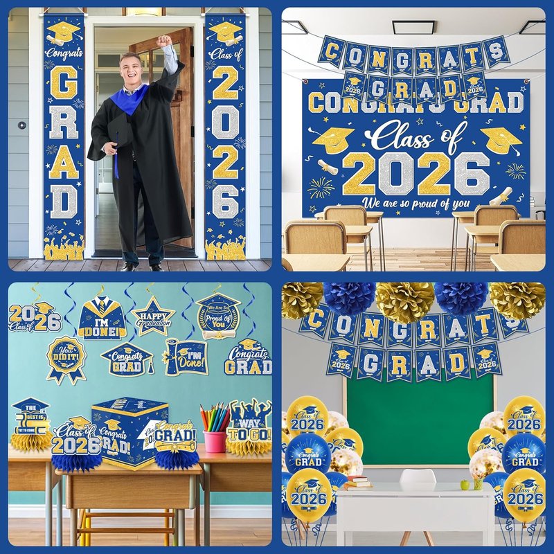 Graduation Decorations Class of 2026 - Blue & Gold Congrats Grad Set | Banner, Backdrop, Balloons & More