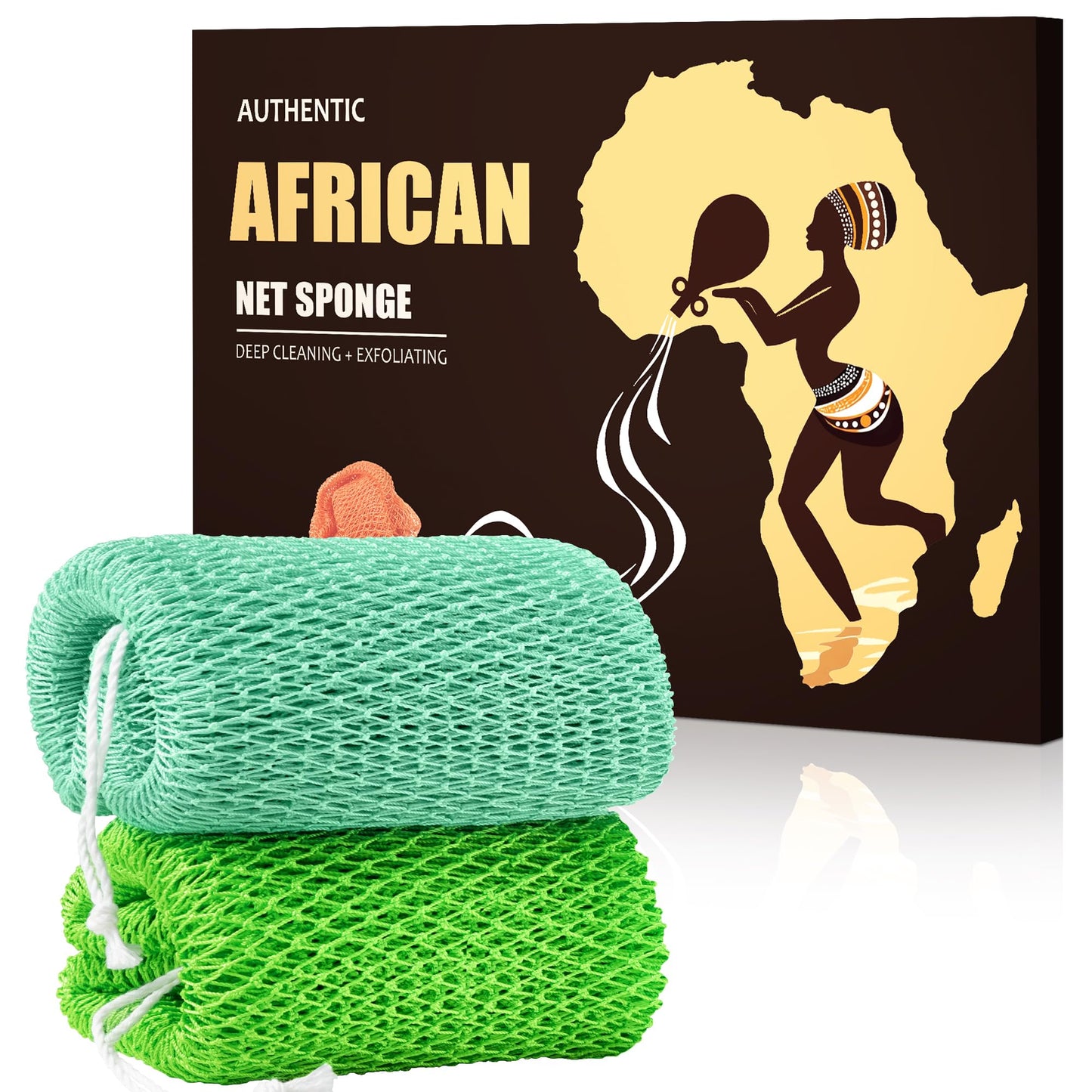 African Net Sponge Authentic - Afro Scrub Exfoliating Net Sponges with Knots - Real African Bath Sponge Washcloth for Shower - Body Exfoliator Scrubber (Green&Seawave, Count, 2.0)