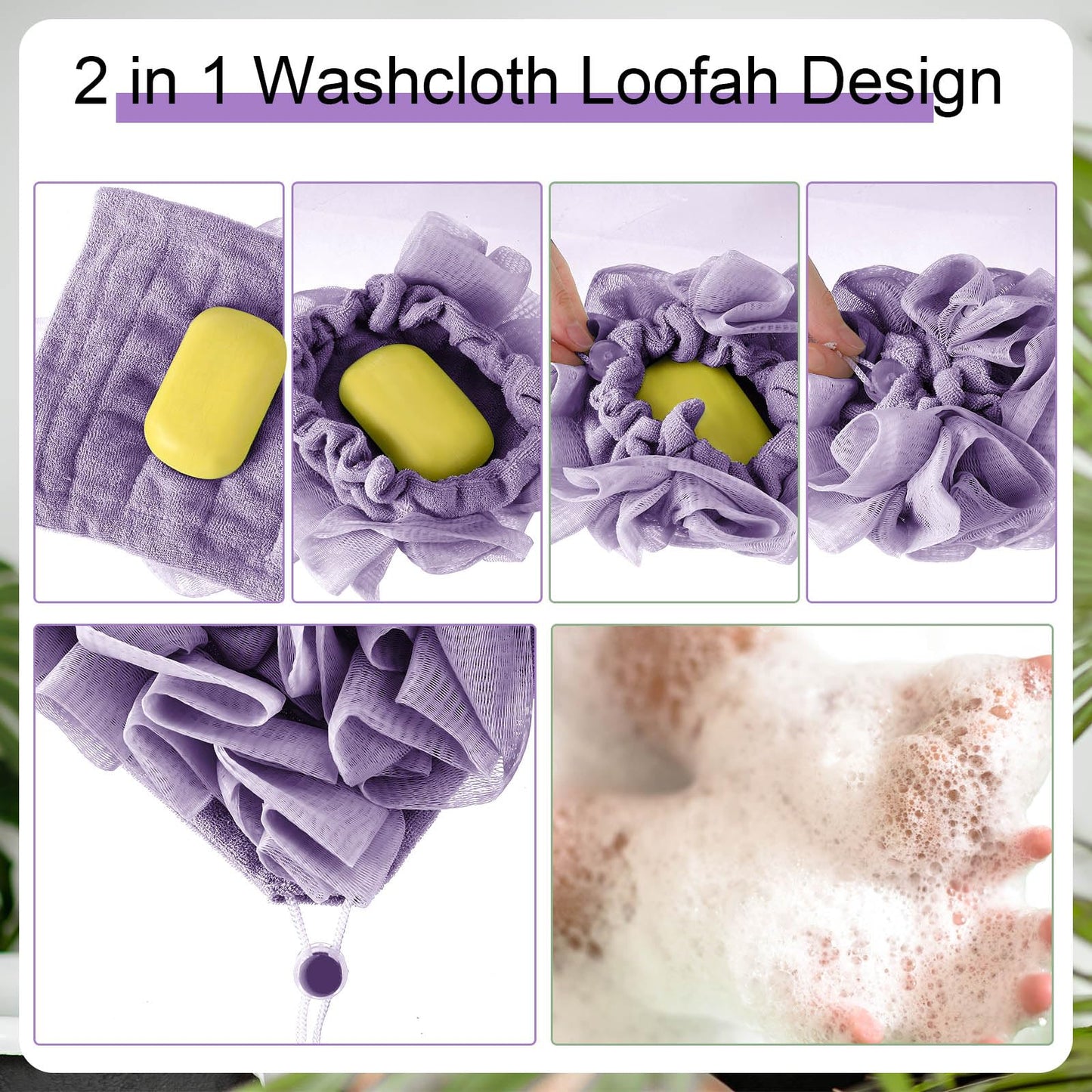 Swiffen 3 Pcs Washcloth Loofah Combo, 2 in 1 Bath Loofah Sponge with Drawstring, Exfoliation Mesh Shower Puff Ball for Body Wash Cleansing and Smooth Skin (Purple Pink Beige)