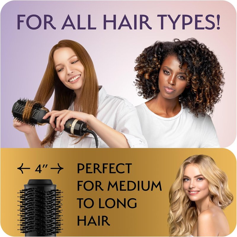 Professional Blowout Hair Dryer Brush - 75MM Oval Hot Air Volumizer for Women | Black Gold Finish