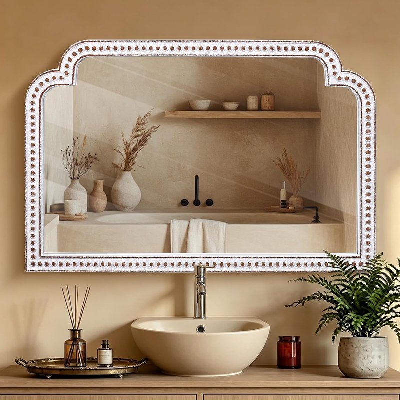 HOITUZYUS Farmhouse Wooden Wall Mirror - 24x36 Inch Beaded Decor for Living Room, Bedroom, Entryway