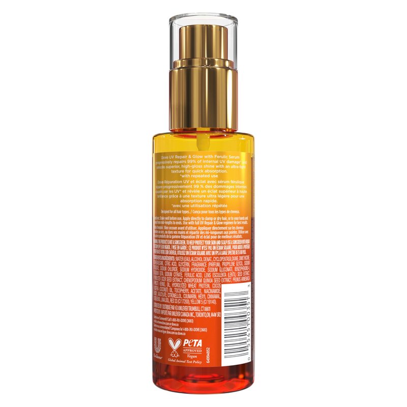 Dove Damage Therapy Defense Bi-Phase Serum + Oil 1 ct UV Repair & Glow for 70 Hour Hair Protection, with Ferulic Serum, 3.9 fl oz