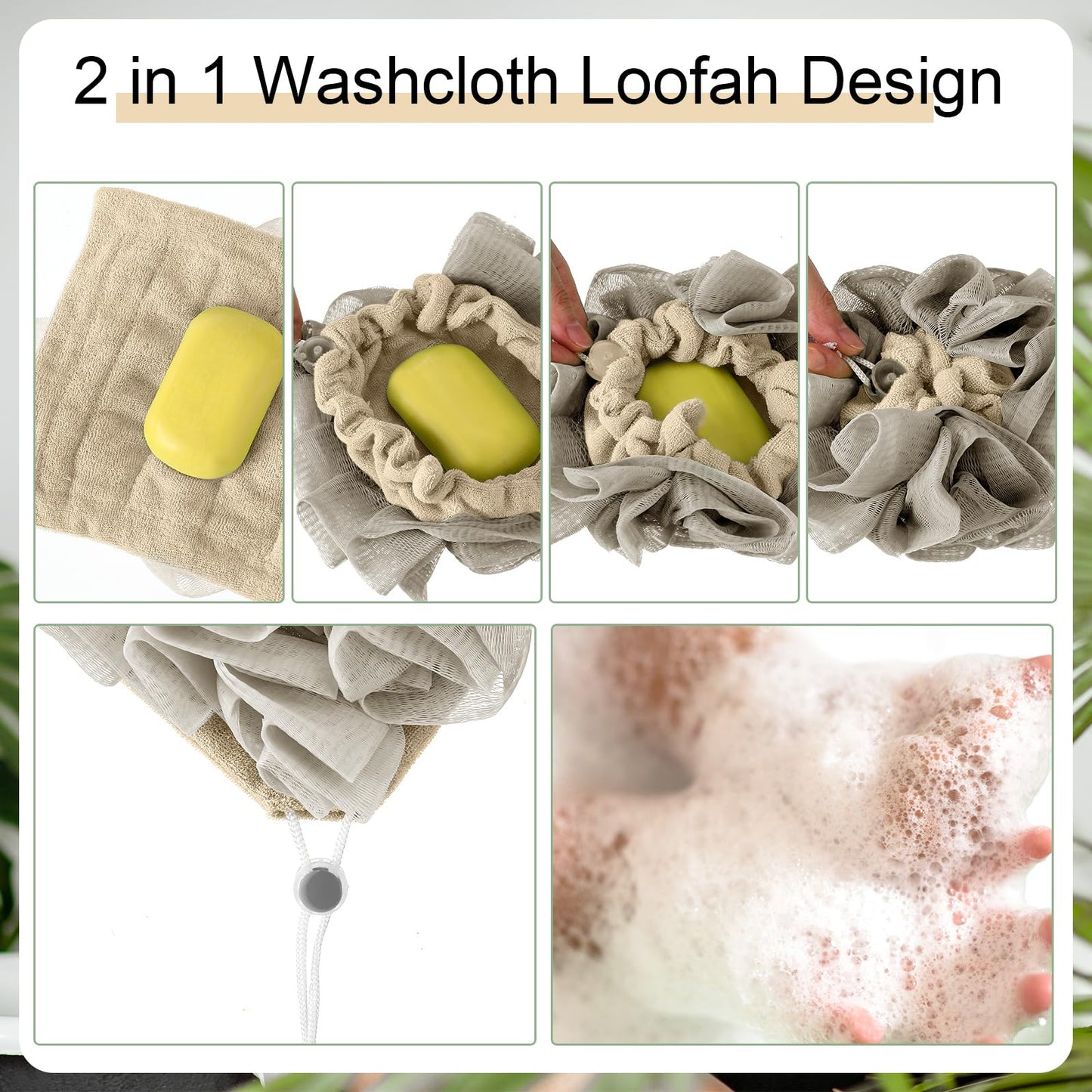 Swiffen 3 Pcs Washcloth Loofah Combo, 2 in 1 Bath Loofah Sponge with Drawstring, Exfoliation Mesh Shower Puff Ball for Body Wash Cleansing and Smooth Skin (Grey Coffee Beige)