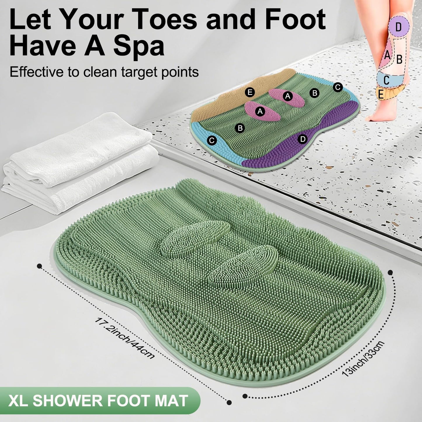 EaTubano Bath Shower Foot Scrubber Mat - Silicone Shower Foot Scrubber Mat (XL) Cleaner Foot Toes Clean Pad Without Bending Non-Slip Suction Cups Bathroom mat 17.2 * 13 inch - Green