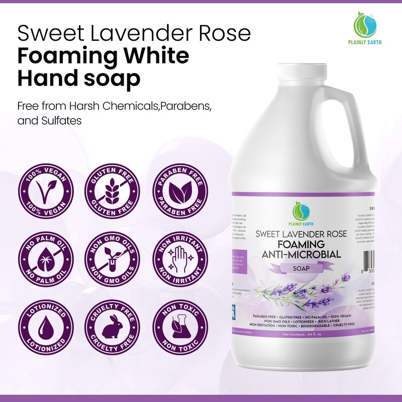 Plainly Earth AntiMicrobial Hand Soap 64 oz - Sweet Lavender Rose Gentle Foaming Liquid Hand Soap Refill Antibacterial - Moisturizing, Long Lasting Freshness & Safe for Skin