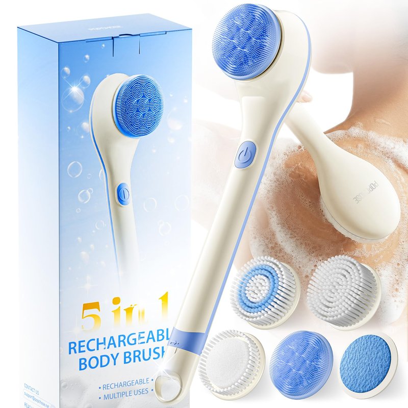 Electric Body Brush Back Scrubber for Shower, Waterproof Long Handle Body Scrubber Bath Brush with 5 Heads, Rechargeable Body Scrub Brush, 2 Speeds for Cleansing, Exfoliating and Massage (White)