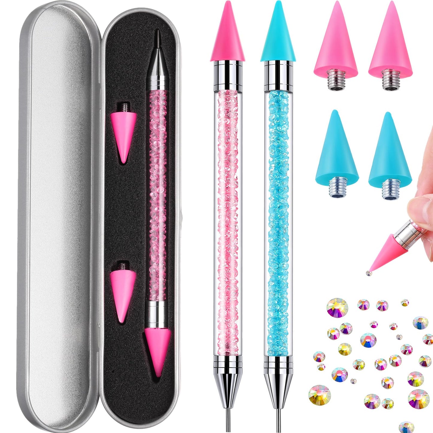 Tatuo 2 Pcs Nail Rhinestone Picker Tool Dual Ended Wax Pen Gem Picker Tool Dotting Pen for Nail Art DIY Rhinestones Dotting Gems Stones Crystals and Charms(Pink, Aqua)