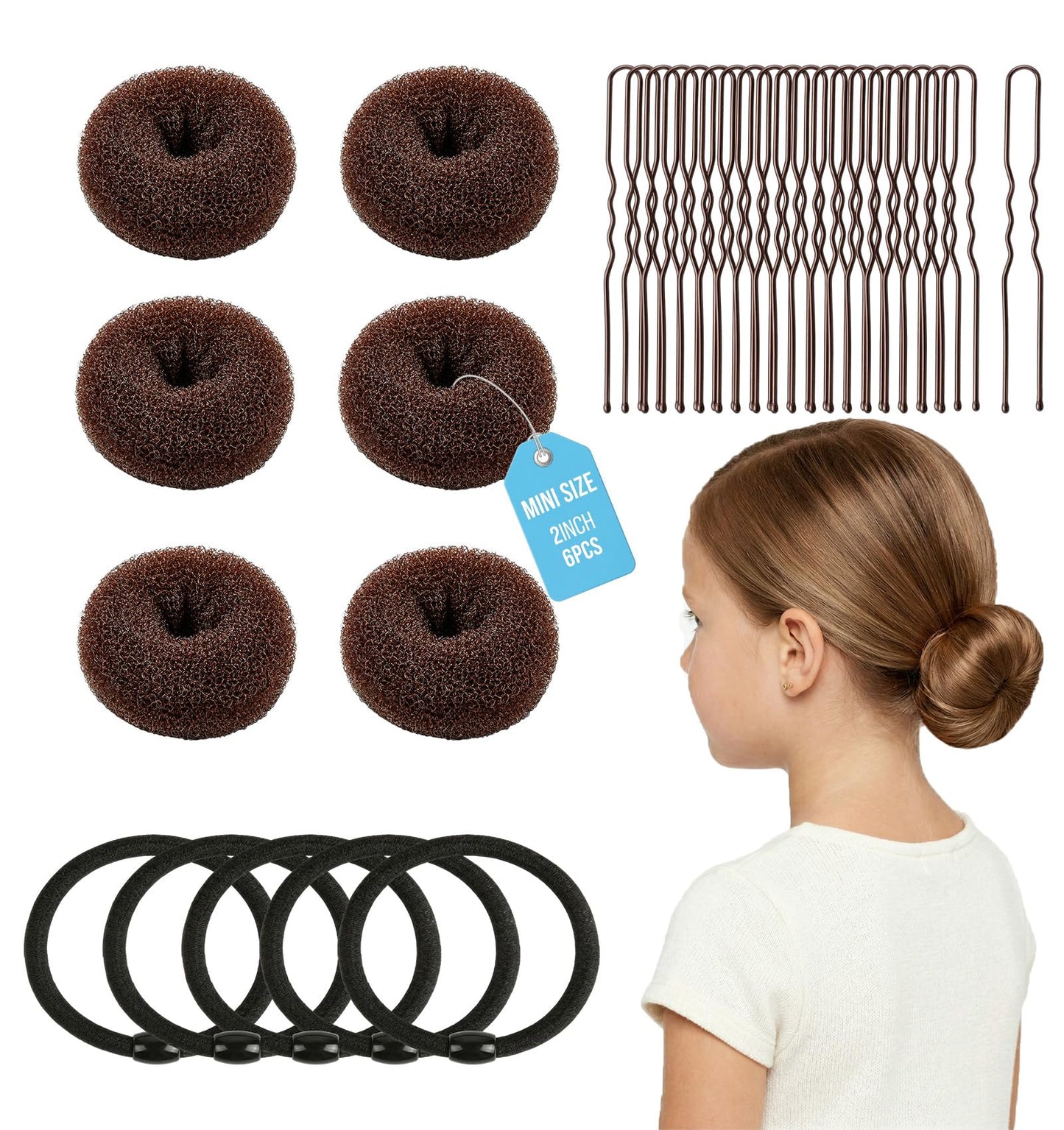 whisrvival 6pcs Small Hair Donut Bun Maker for Thin Fine Hair That Won't Slip, 30-Second Chignon Ring for Ballet Dancers Practice, Stays Hidden | Includes 5 Hair Ties and 20 U Pins (Brown)