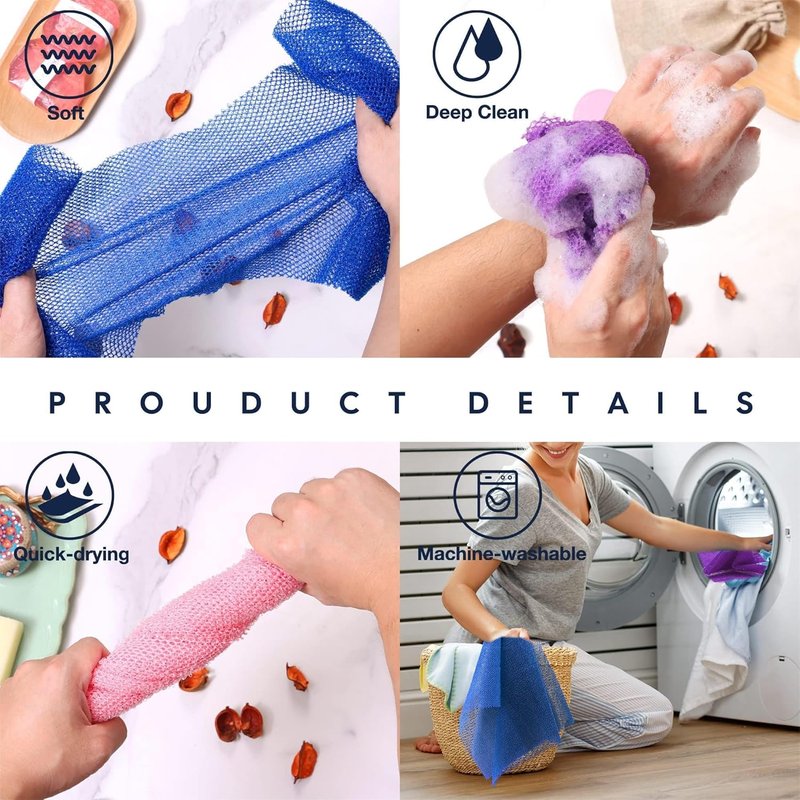 African Bath Sponge Set - Exfoliating Net Shower Scrubber for Smooth Skin | 3 Pieces (Brown, Blue, Purple)