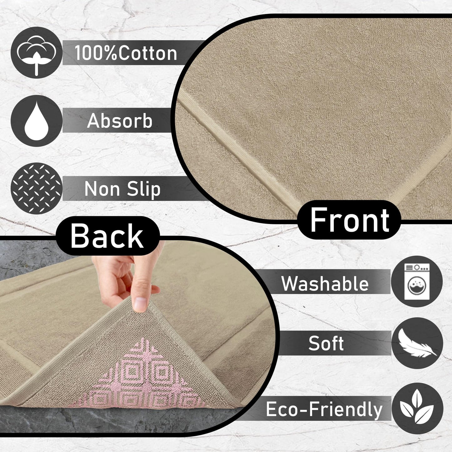 VOOVA & MOVAS Beige Frame 2-Piece Bath Runner Set (20"x36" Extra Long) - 982 GSM Hotel Style Cotton, Ultra Plush, Non-Slip & Machine Washable